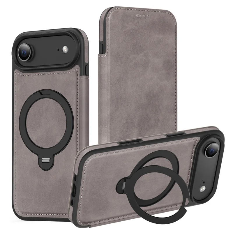 For iPhone Air Case Compatible with MagSafe RFID Blocking Leather Wallet Cover with Rotating Ring Kickstand - Grey