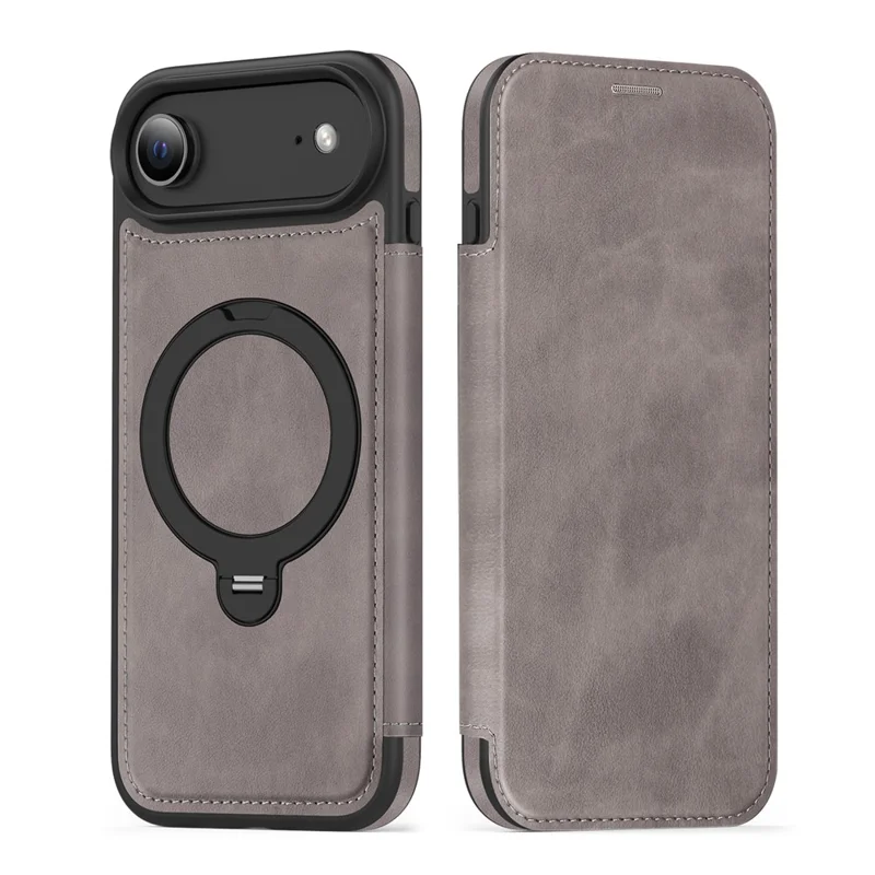 For iPhone Air Case Compatible with MagSafe RFID Blocking Leather Wallet Cover with Rotating Ring Kickstand - Grey