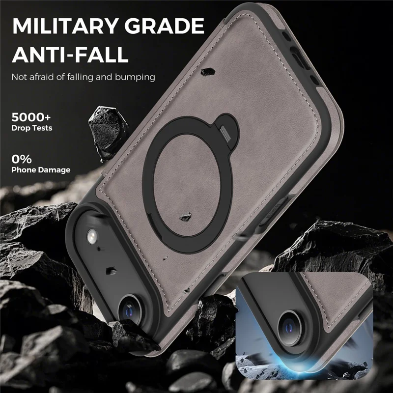 For iPhone Air Case Compatible with MagSafe RFID Blocking Leather Wallet Cover with Rotating Ring Kickstand - Grey