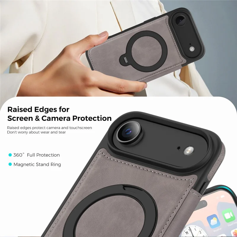 For iPhone Air Case Compatible with MagSafe RFID Blocking Leather Wallet Cover with Rotating Ring Kickstand - Grey
