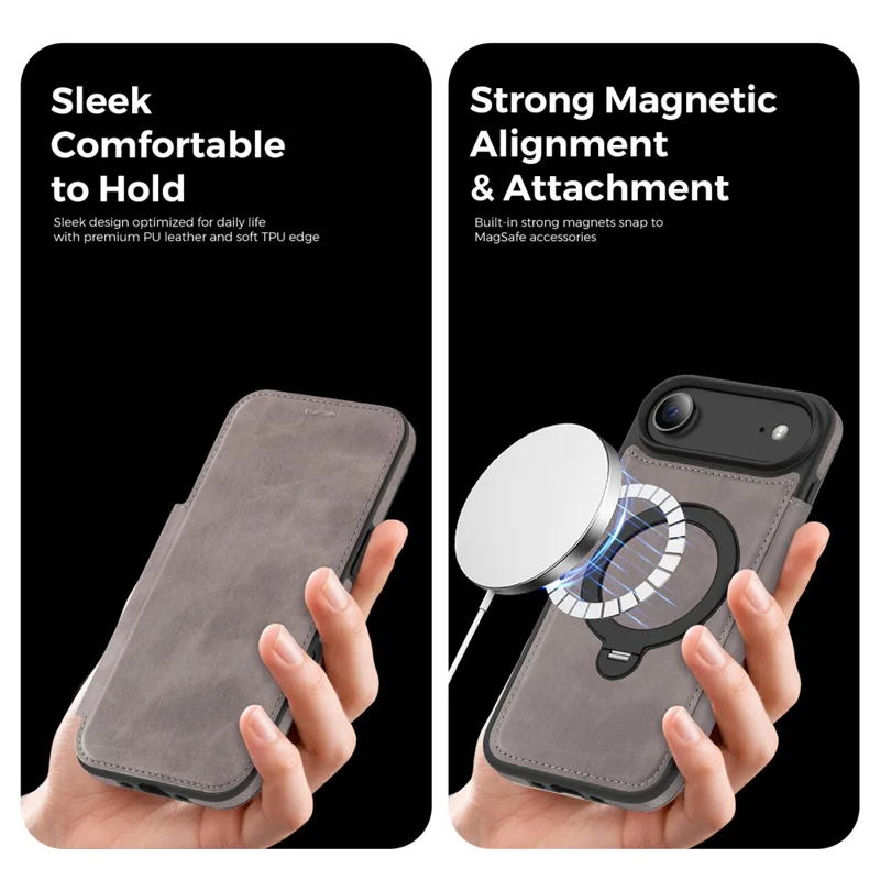 For iPhone Air Case Compatible with MagSafe RFID Blocking Leather Wallet Cover with Rotating Ring Kickstand - Grey