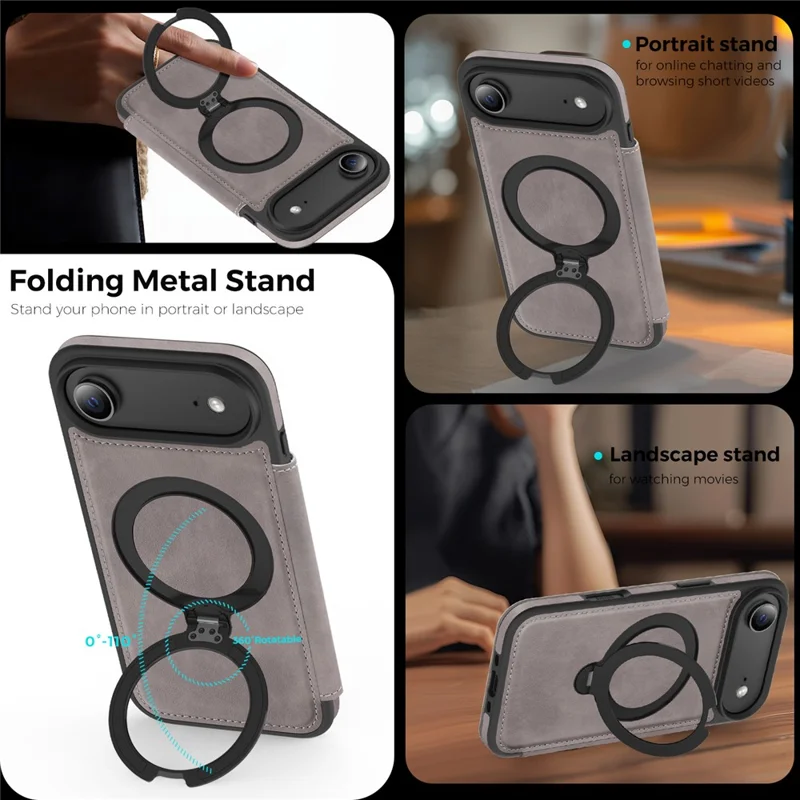 For iPhone Air Case Compatible with MagSafe RFID Blocking Leather Wallet Cover with Rotating Ring Kickstand - Grey