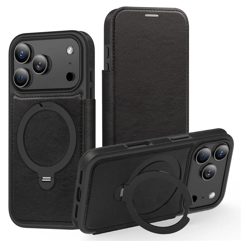 For iPhone 17 Pro Case Compatible with MagSafe RFID Blocking Leather Wallet Cover with Rotating Ring Kickstand - Black