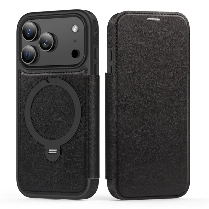 For iPhone 17 Pro Case Compatible with MagSafe RFID Blocking Leather Wallet Cover with Rotating Ring Kickstand - Black