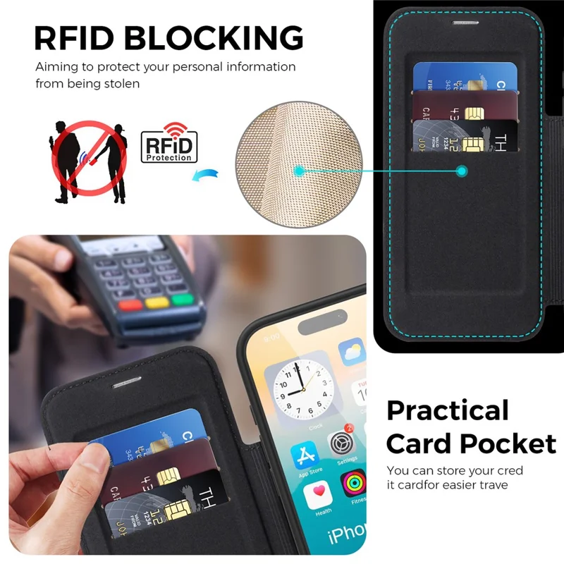 For iPhone 17 Pro Case Compatible with MagSafe RFID Blocking Leather Wallet Cover with Rotating Ring Kickstand - Black