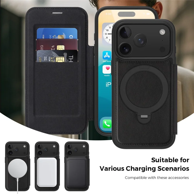 For iPhone 17 Pro Case Compatible with MagSafe RFID Blocking Leather Wallet Cover with Rotating Ring Kickstand - Black
