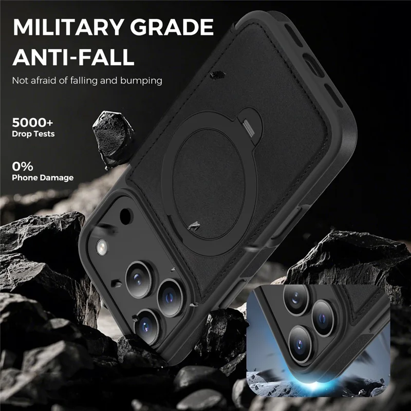 For iPhone 17 Pro Case Compatible with MagSafe RFID Blocking Leather Wallet Cover with Rotating Ring Kickstand - Black