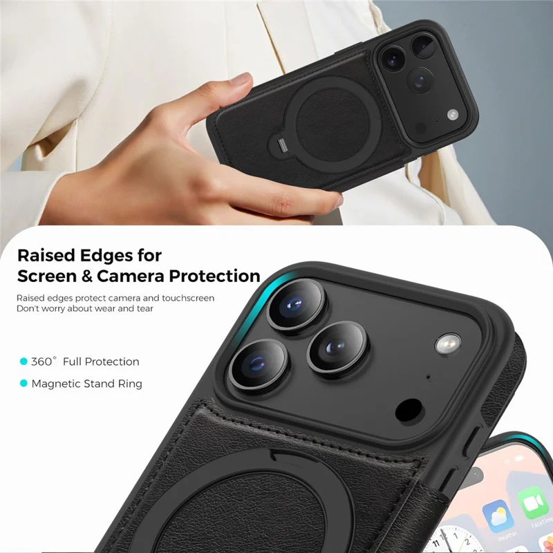 For iPhone 17 Pro Case Compatible with MagSafe RFID Blocking Leather Wallet Cover with Rotating Ring Kickstand - Black