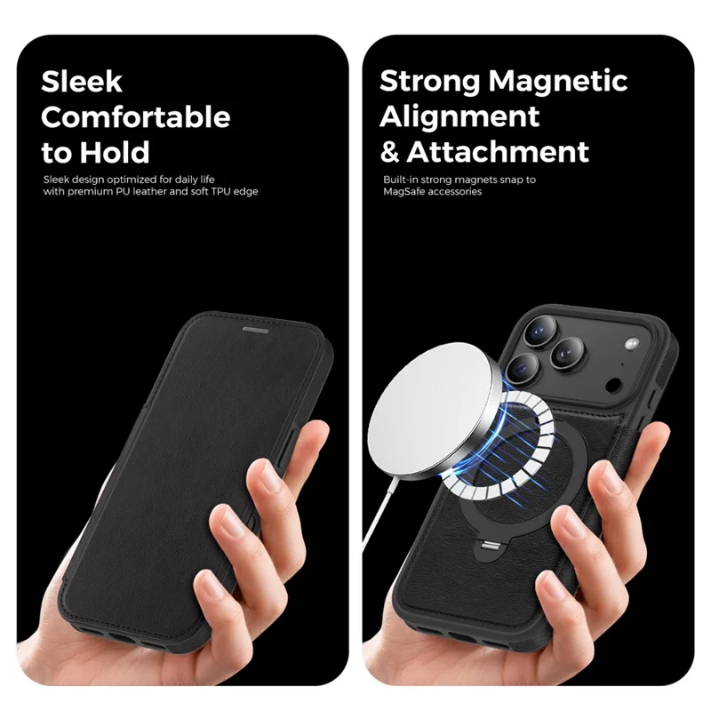 For iPhone 17 Pro Case Compatible with MagSafe RFID Blocking Leather Wallet Cover with Rotating Ring Kickstand - Black