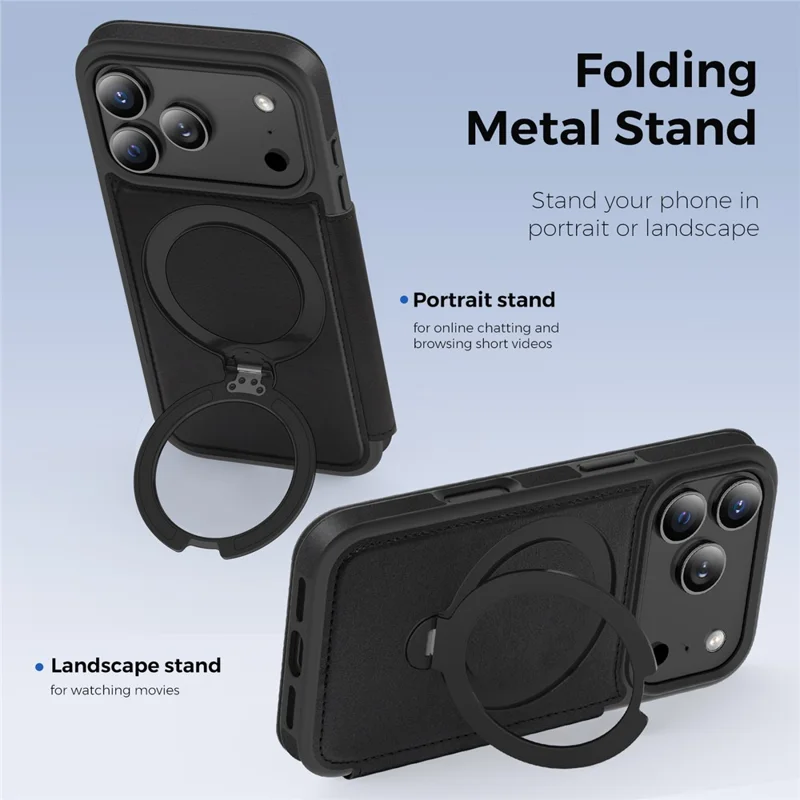 For iPhone 17 Pro Case Compatible with MagSafe RFID Blocking Leather Wallet Cover with Rotating Ring Kickstand - Black