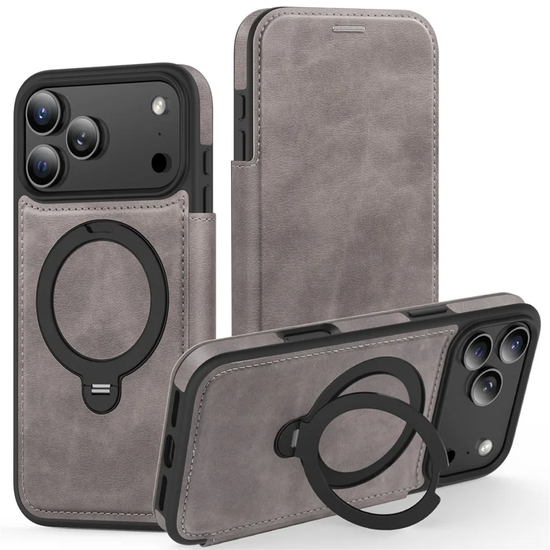 For iPhone 17 Pro Max Case Compatible with MagSafe RFID Blocking Leather Wallet Cover with Rotating Ring Kickstand - Grey