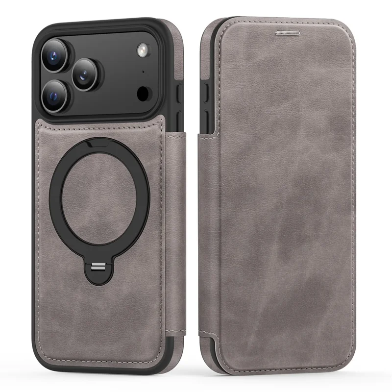 For iPhone 17 Pro Max Case Compatible with MagSafe RFID Blocking Leather Wallet Cover with Rotating Ring Kickstand - Grey