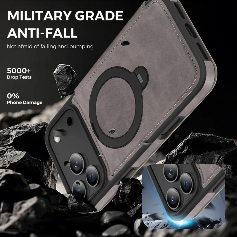 For iPhone 17 Pro Max Case Compatible with MagSafe RFID Blocking Leather Wallet Cover with Rotating Ring Kickstand - Grey