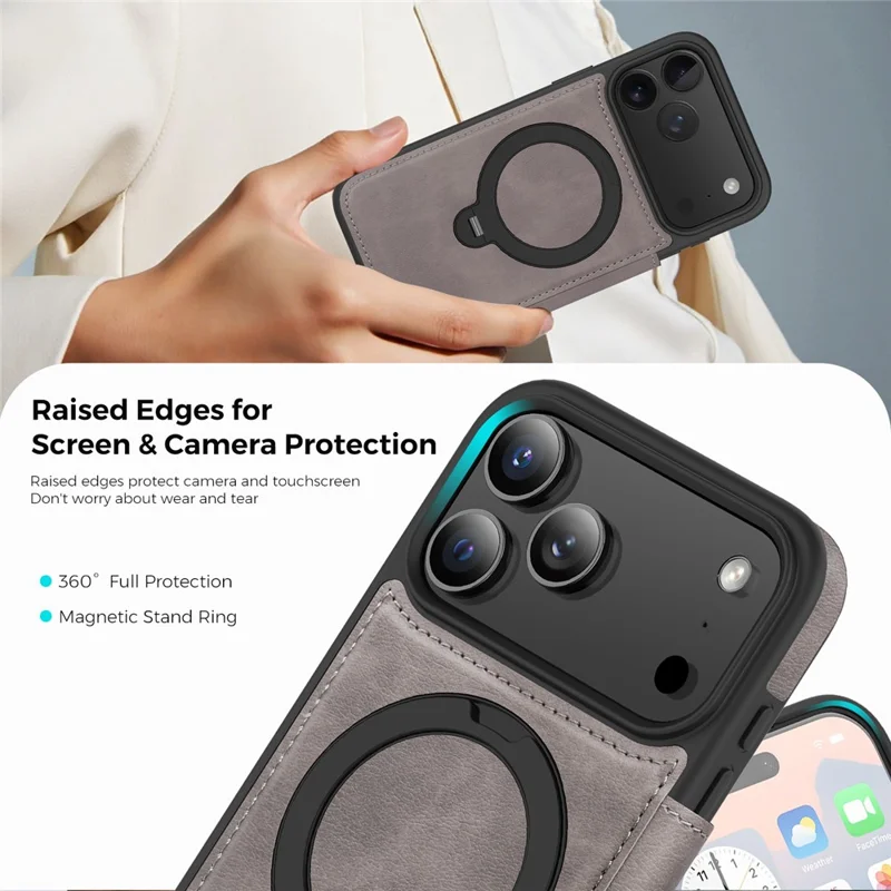 For iPhone 17 Pro Max Case Compatible with MagSafe RFID Blocking Leather Wallet Cover with Rotating Ring Kickstand - Grey