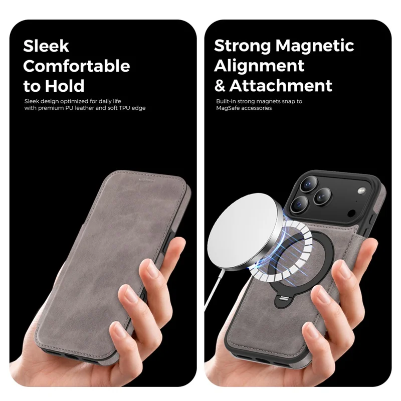 For iPhone 17 Pro Max Case Compatible with MagSafe RFID Blocking Leather Wallet Cover with Rotating Ring Kickstand - Grey