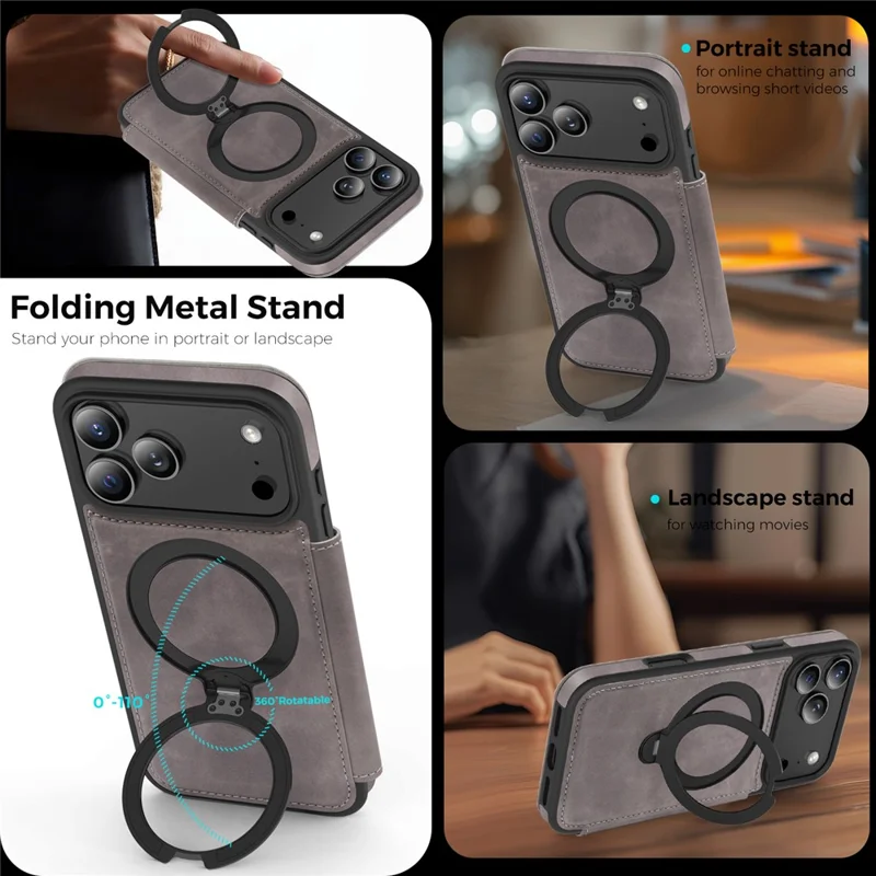 For iPhone 17 Pro Max Case Compatible with MagSafe RFID Blocking Leather Wallet Cover with Rotating Ring Kickstand - Grey
