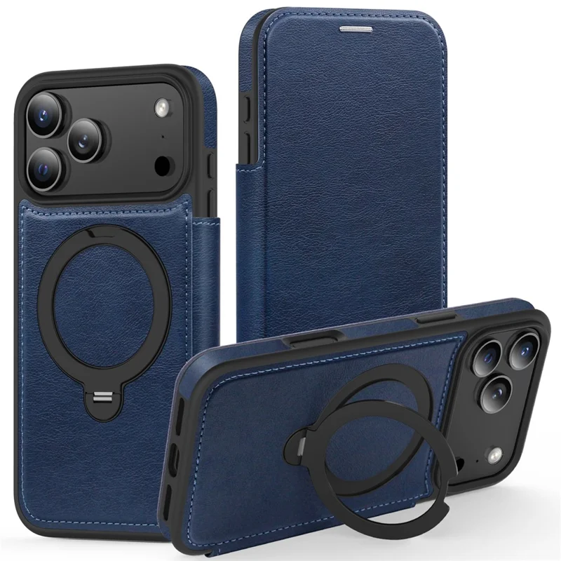 For iPhone 17 Pro Max Case Compatible with MagSafe RFID Blocking Leather Wallet Cover with Rotating Ring Kickstand - Sapphire