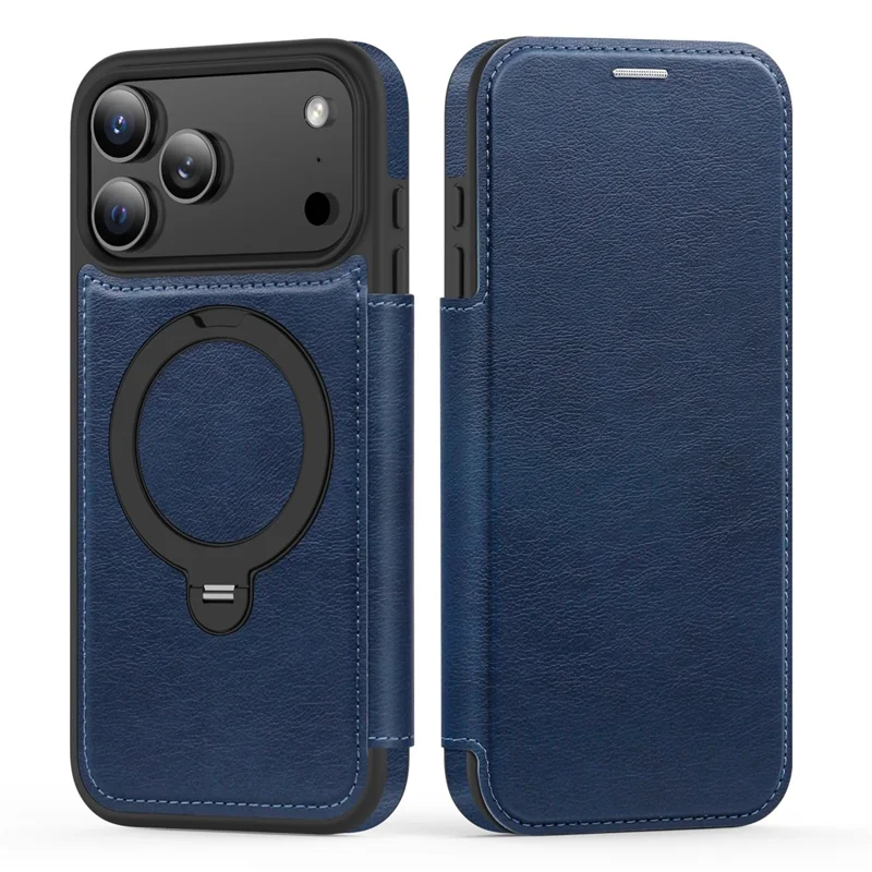 For iPhone 17 Pro Max Case Compatible with MagSafe RFID Blocking Leather Wallet Cover with Rotating Ring Kickstand - Sapphire