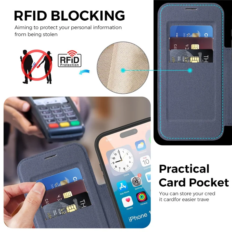 For iPhone 17 Pro Max Case Compatible with MagSafe RFID Blocking Leather Wallet Cover with Rotating Ring Kickstand - Sapphire