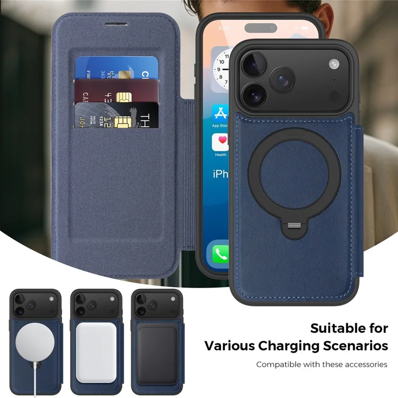 For iPhone 17 Pro Max Case Compatible with MagSafe RFID Blocking Leather Wallet Cover with Rotating Ring Kickstand - Sapphire