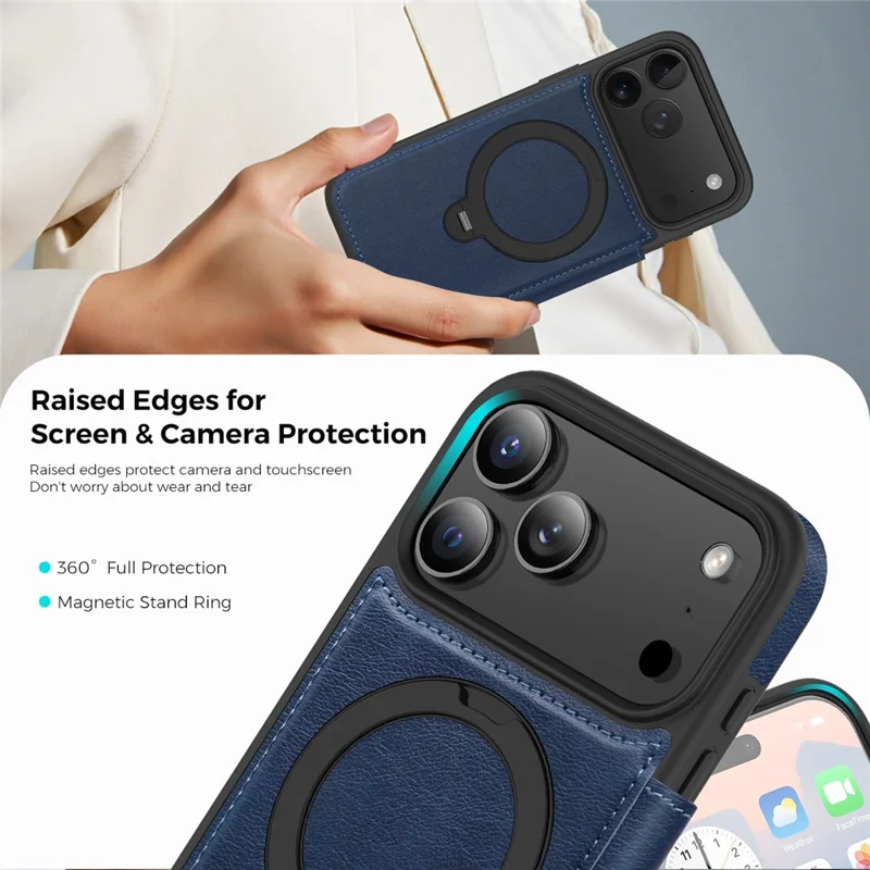 For iPhone 17 Pro Max Case Compatible with MagSafe RFID Blocking Leather Wallet Cover with Rotating Ring Kickstand - Sapphire