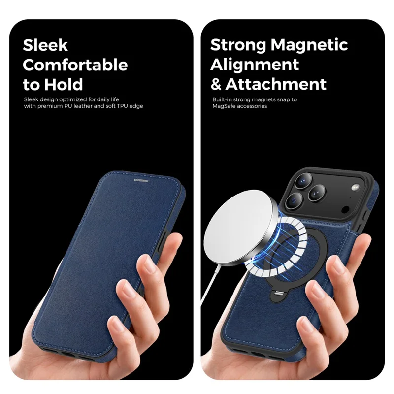 For iPhone 17 Pro Max Case Compatible with MagSafe RFID Blocking Leather Wallet Cover with Rotating Ring Kickstand - Sapphire
