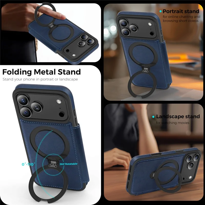 For iPhone 17 Pro Max Case Compatible with MagSafe RFID Blocking Leather Wallet Cover with Rotating Ring Kickstand - Sapphire