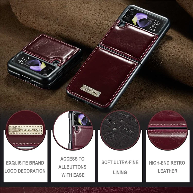 Série Caseme 003 Pour Samsung Galaxy Z Flip4 5G PU Coue-revêtement PC Pliage Téléphone Texture Couverture Protectrice Anti-dépassement - Vin Rouge