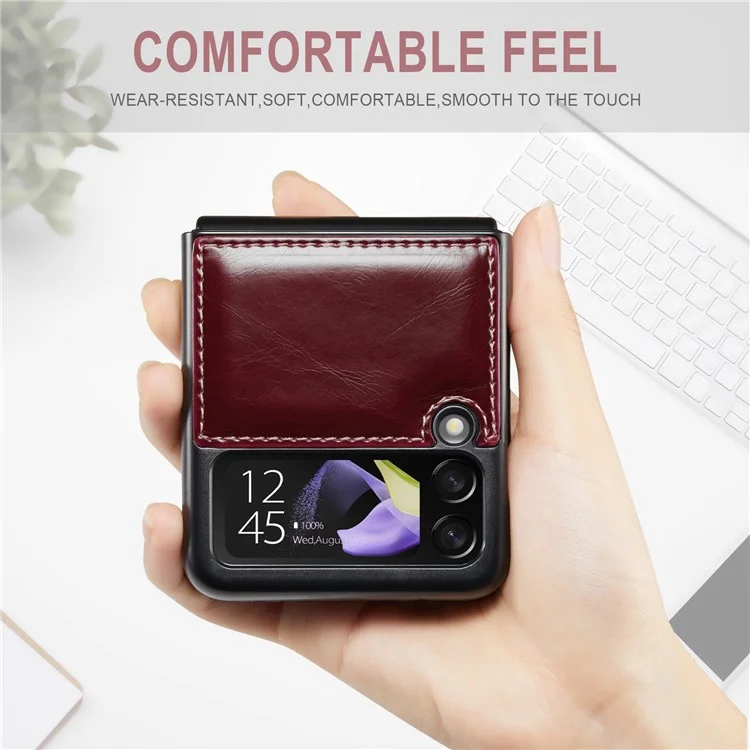 Série Caseme 003 Pour Samsung Galaxy Z Flip4 5G PU Coue-revêtement PC Pliage Téléphone Texture Couverture Protectrice Anti-dépassement - Vin Rouge