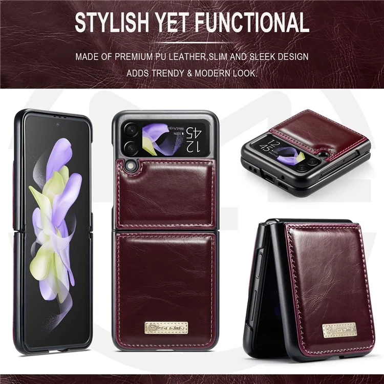 Série Caseme 003 Pour Samsung Galaxy Z Flip4 5G PU Coue-revêtement PC Pliage Téléphone Texture Couverture Protectrice Anti-dépassement - Vin Rouge