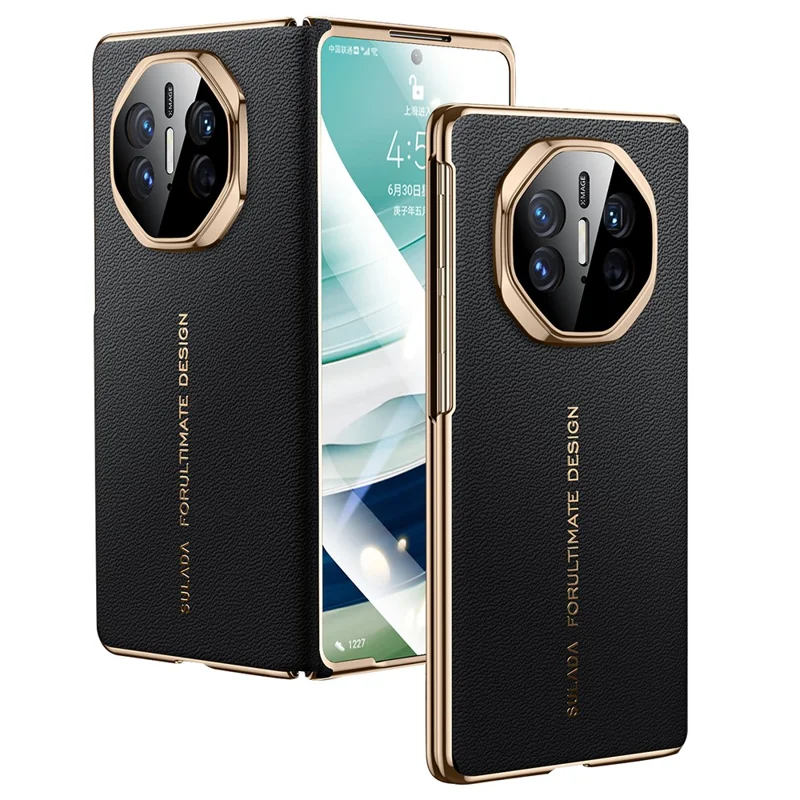SULADA For Huawei Mate X5 Magnetic Case Genuine Cow Leather Phone Cover with Tempered Glass Screen Protector - Black
