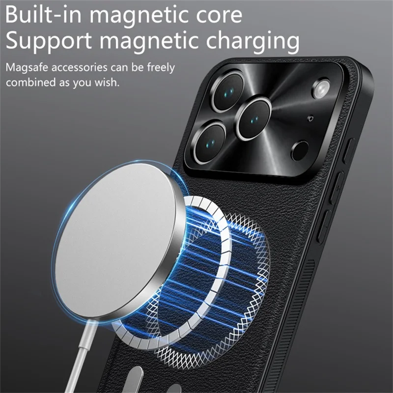 Voor iPhone 17 Pro-hoesje, compatibel met MagSafe, PU TPU PC telefoonhoesje met metalen lensframe - Zwart