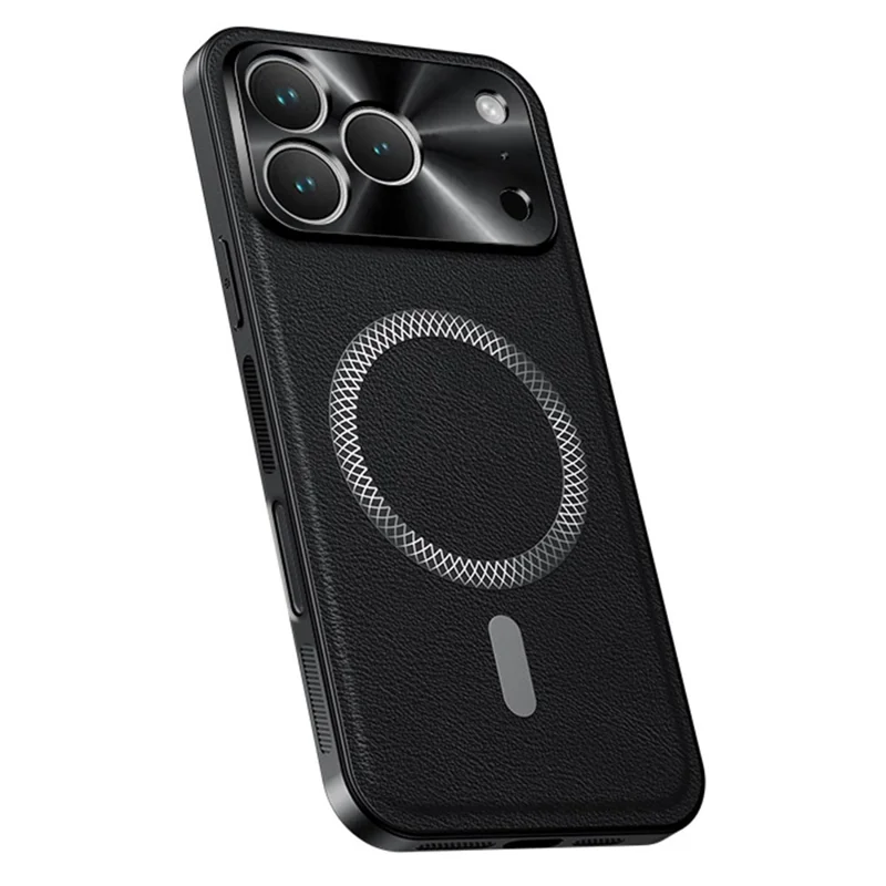 For iPhone 17 Pro Max Case Compatible with MagSafe PU TPU PC Phone Back Cover with Metal Lens Frame - Black