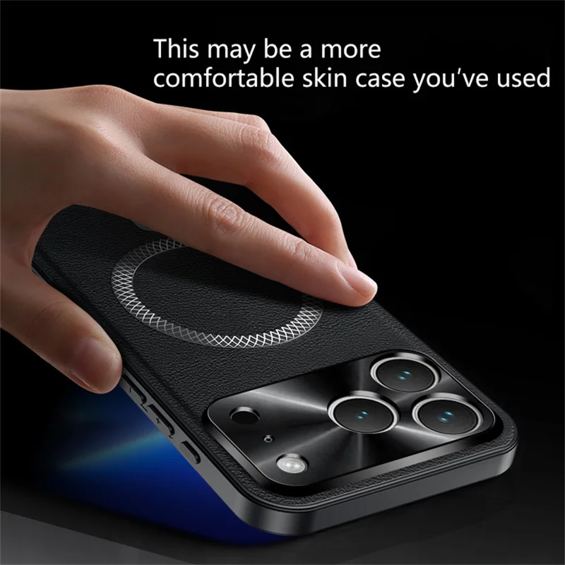 For iPhone 17 Pro Max Case Compatible with MagSafe PU TPU PC Phone Back Cover with Metal Lens Frame - Black