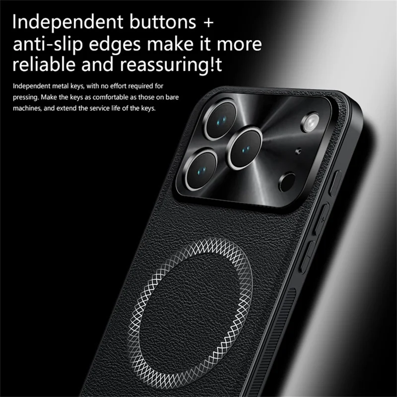 For iPhone 17 Pro Max Case Compatible with MagSafe PU TPU PC Phone Back Cover with Metal Lens Frame - Black
