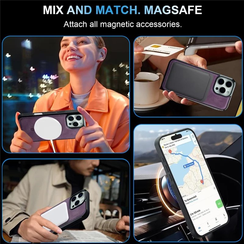 Funda para iPhone 16 Pro LC.IMEEKE L6 de cuero PU con revestimiento de PC TPU compatible con MagSafe - Púrpura