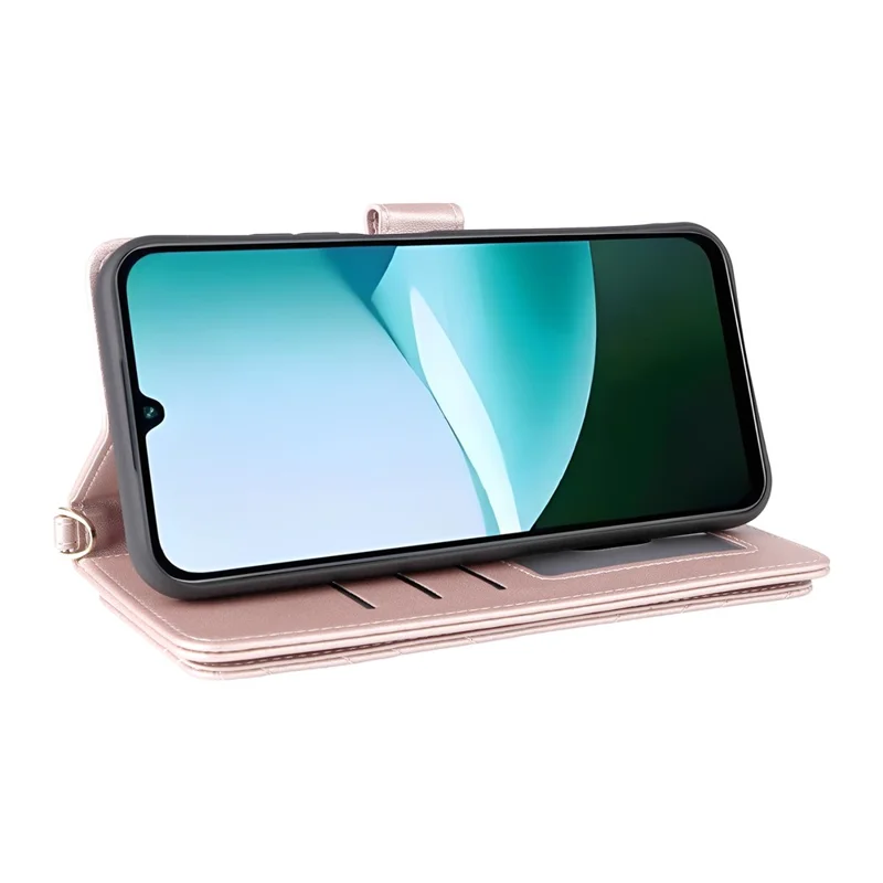Кожаный чехол для Xiaomi Redmi 15C 4G (ЕС) (173 мм) / 15C 5G (ЕС) (173 мм) / Poco C85 4G (173 мм) Чехол-книжка с подставкой и плечевым / наручным ремешком - розовый