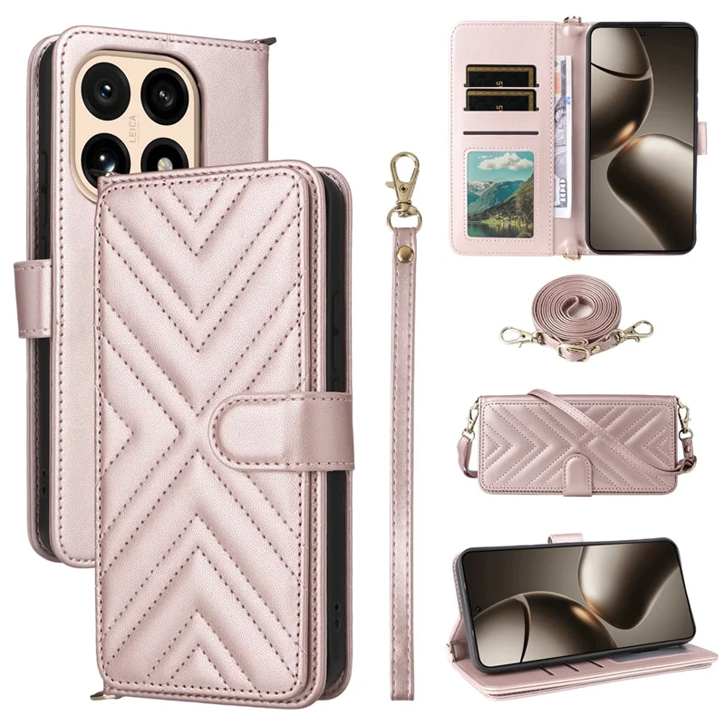 For Xiaomi 15T Case with Shoulder  /  Wrist Strap Leather Phone Cover Stand Wallet - Pink