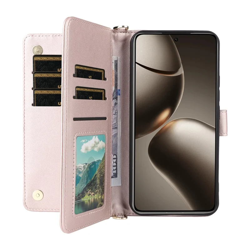 For Xiaomi 15T Case with Shoulder  /  Wrist Strap Leather Phone Cover Stand Wallet - Pink