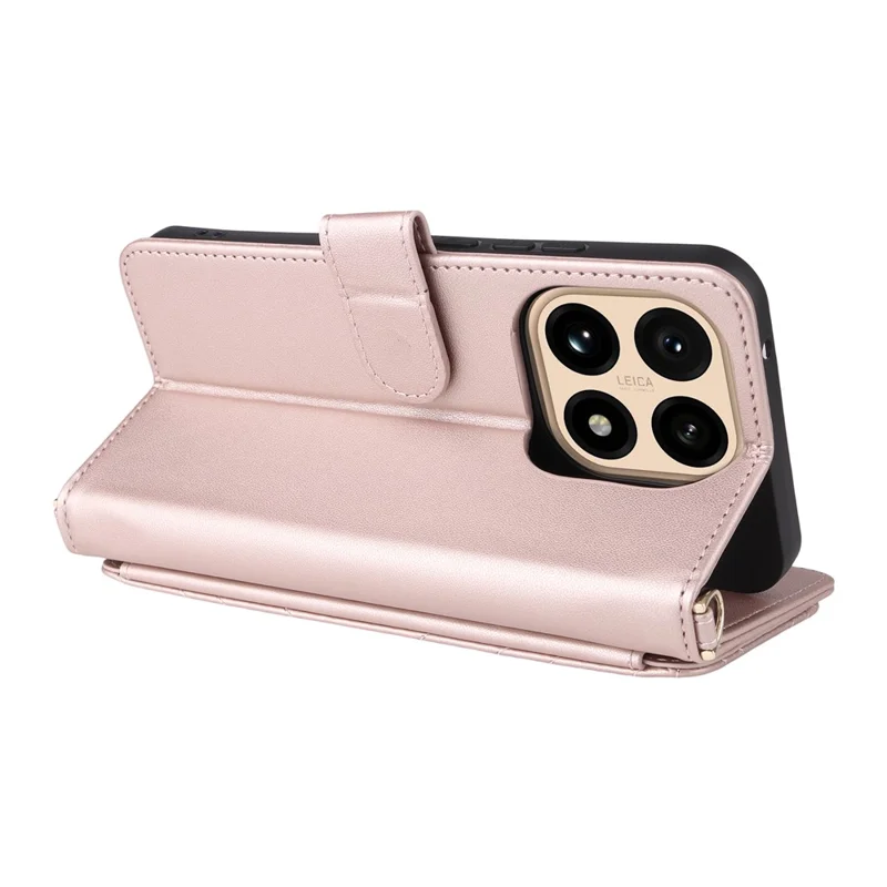 For Xiaomi 15T Case with Shoulder  /  Wrist Strap Leather Phone Cover Stand Wallet - Pink