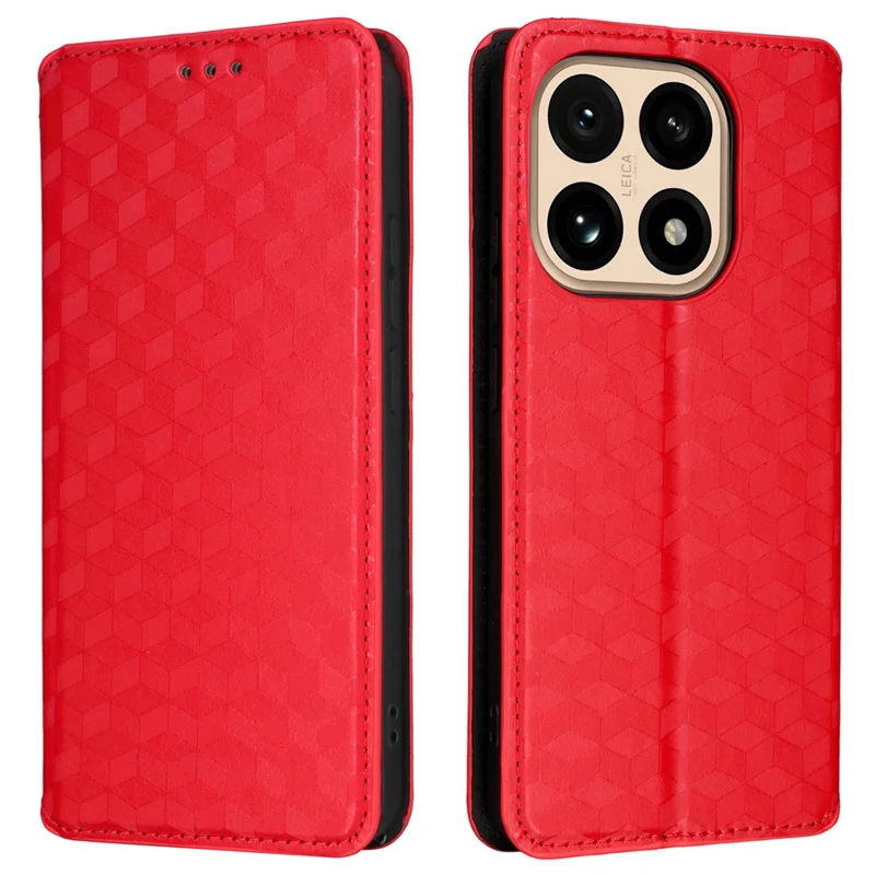 For Xiaomi 15T Case Wallet Rhombus Imprinted Leather Phone Cover - Red