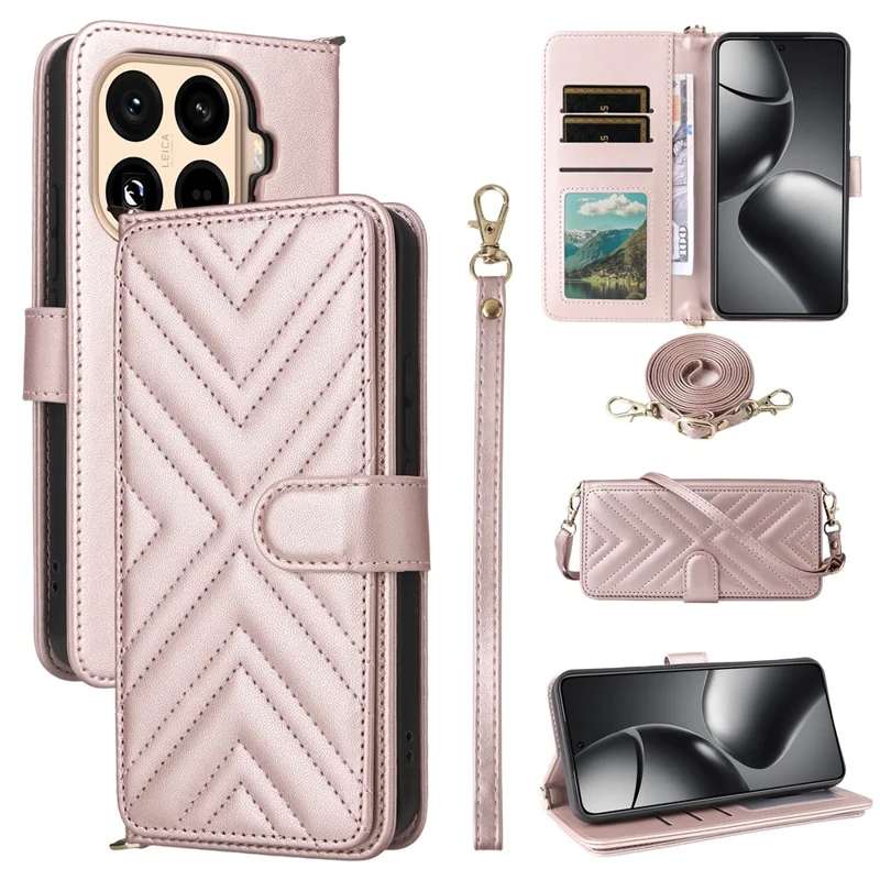 Xiaomi 15T Pro hoesje met schouder-/polsbandje Lederen telefoonhoes met standaard Portemonnee - Roze
