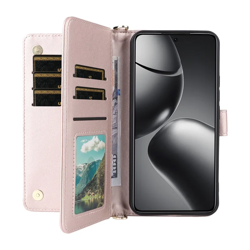 Xiaomi 15T Pro hoesje met schouder-/polsbandje Lederen telefoonhoes met standaard Portemonnee - Roze
