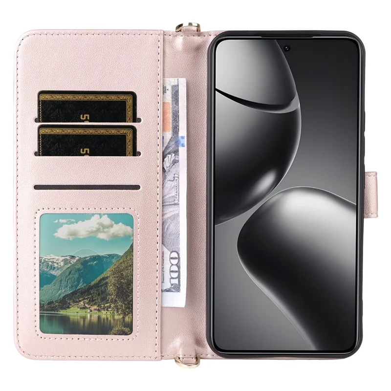 Xiaomi 15T Pro hoesje met schouder-/polsbandje Lederen telefoonhoes met standaard Portemonnee - Roze