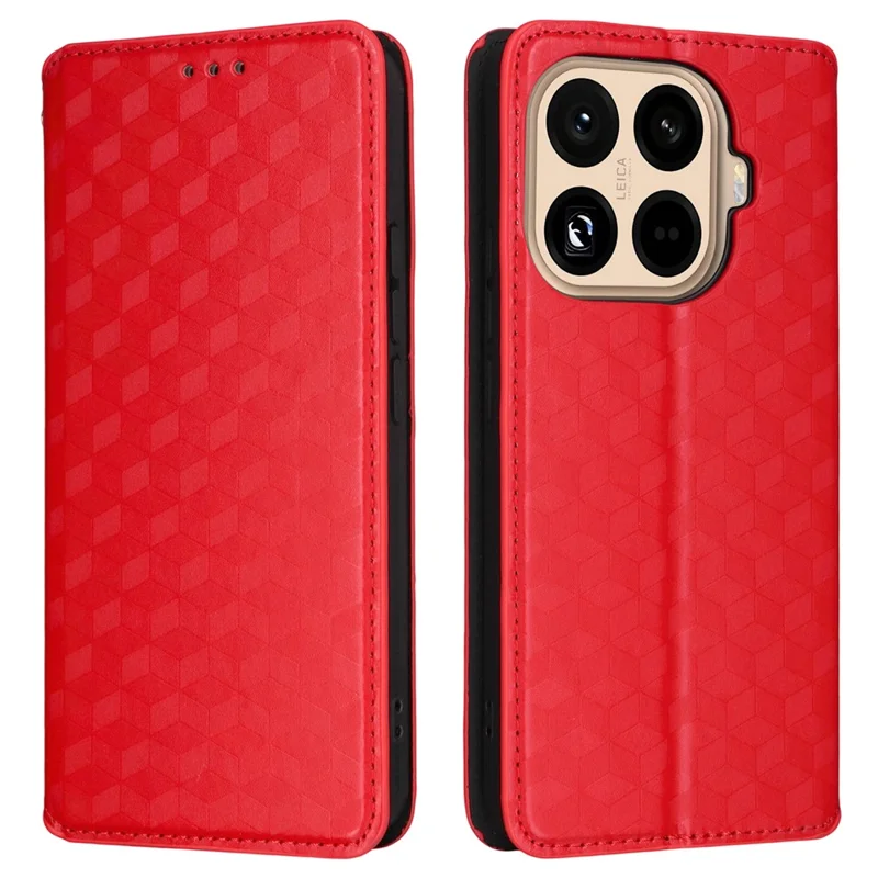 For Xiaomi 15T Pro Case Wallet Rhombus Imprinted Leather Phone Cover - Red