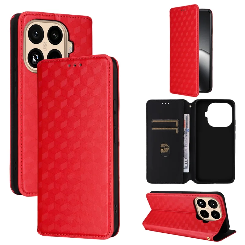 For Xiaomi 15T Pro Case Wallet Rhombus Imprinted Leather Phone Cover - Red