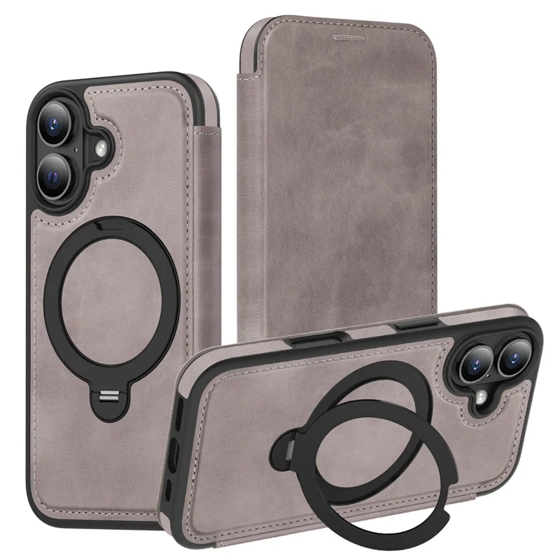 For iPhone 17 Case Compatible with MagSafe RFID Blocking Leather Wallet Cover with Rotating Ring Kickstand - Grey