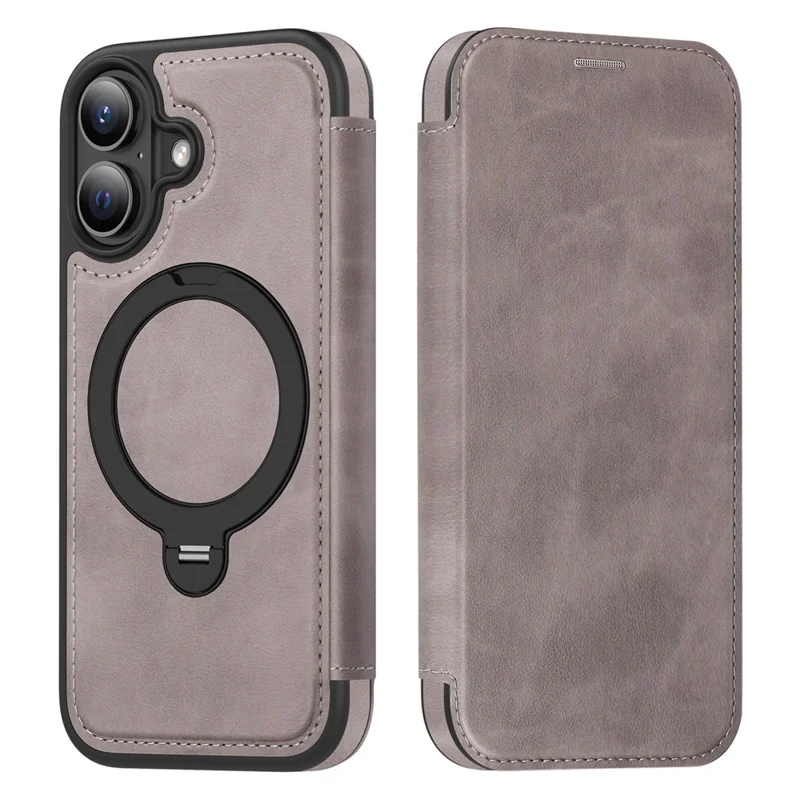 For iPhone 17 Case Compatible with MagSafe RFID Blocking Leather Wallet Cover with Rotating Ring Kickstand - Grey