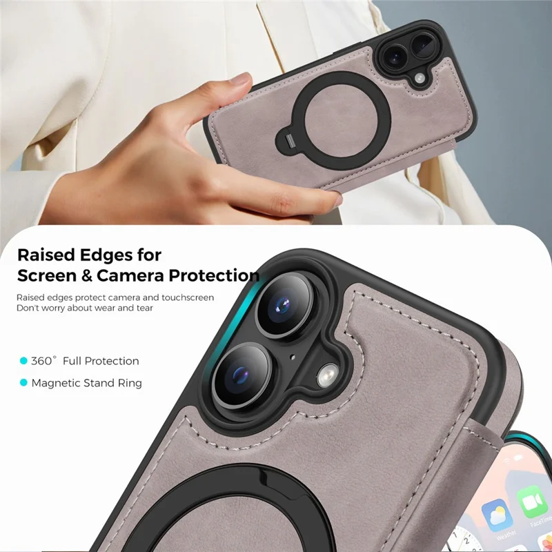 For iPhone 17 Case Compatible with MagSafe RFID Blocking Leather Wallet Cover with Rotating Ring Kickstand - Grey