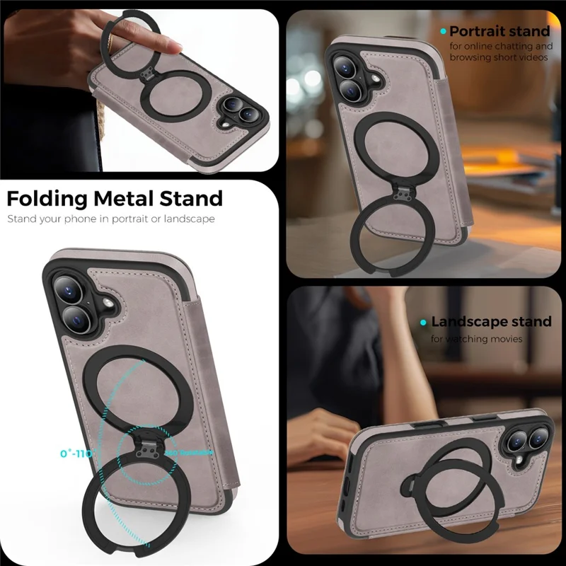 For iPhone 17 Case Compatible with MagSafe RFID Blocking Leather Wallet Cover with Rotating Ring Kickstand - Grey